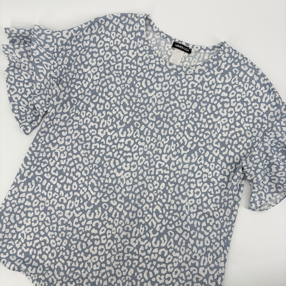 Womens Tiered Ruffle Sleeve Blue Cheetah Print Blouse Size Large Top Heimish USA
